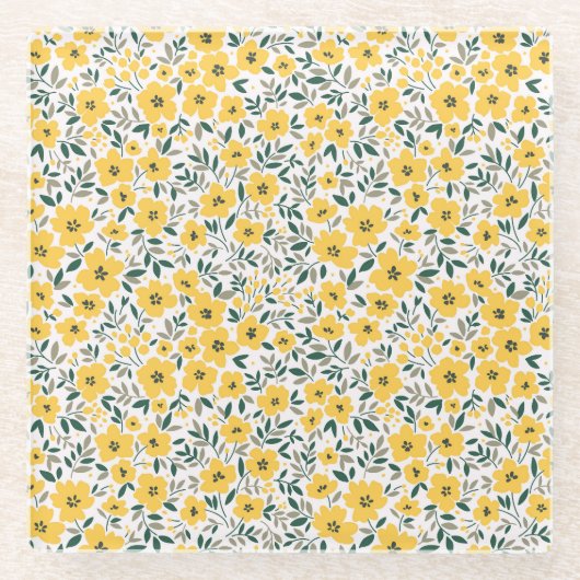 黄色の花：モダンフローラシームレス。 ガラスコースター (正面)