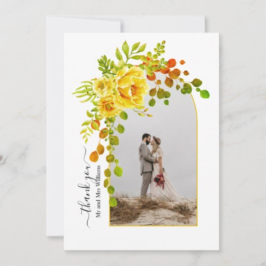 黄色の花、写真秋の結婚式付きアーチ サンキューカード (正面)