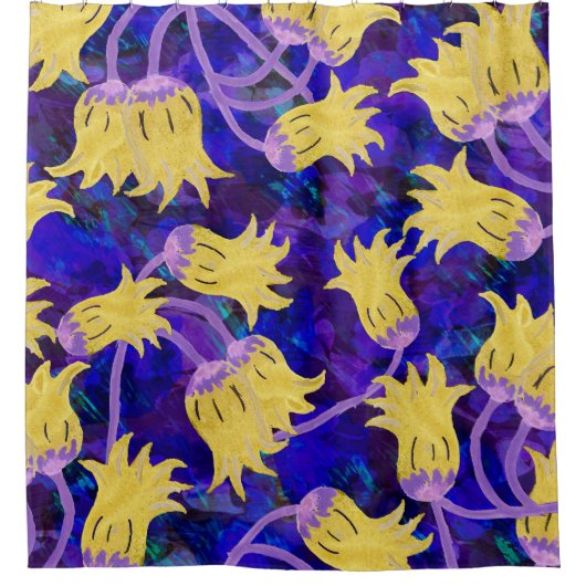 黄色の花：暗い背景の水のカラーアートワーク シャワーカーテン (正面)