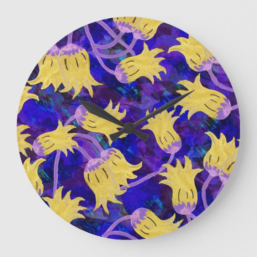 黄色の花：暗い背景の水のカラーアートワーク ラージ壁時計 (正面)