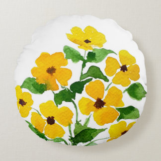 黄色の花、水彩画 ラウンドクッション