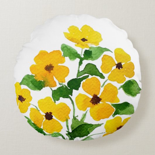 黄色の花、水彩画 ラウンドクッション (正面)