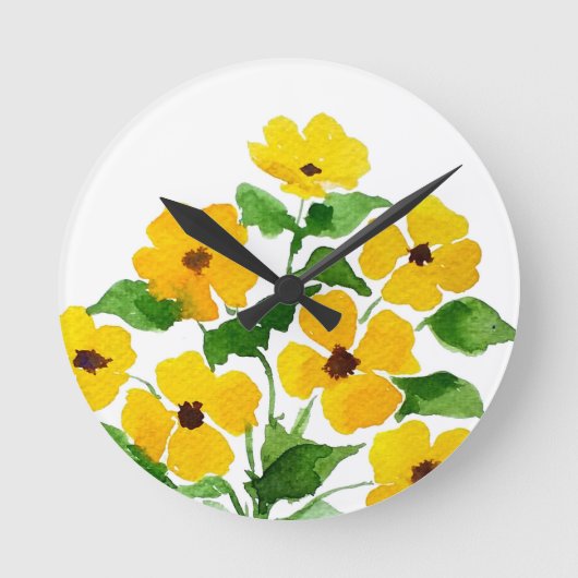 黄色の花、水彩画 ラウンド壁時計 (正面)