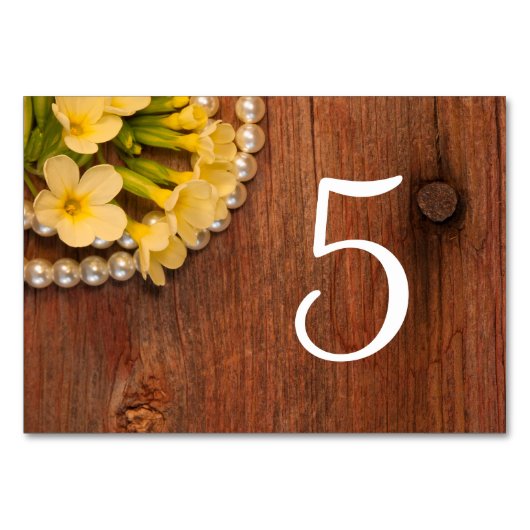 黄色の花、納屋の木の真珠の国の結婚式 テーブルナンバー (正面)