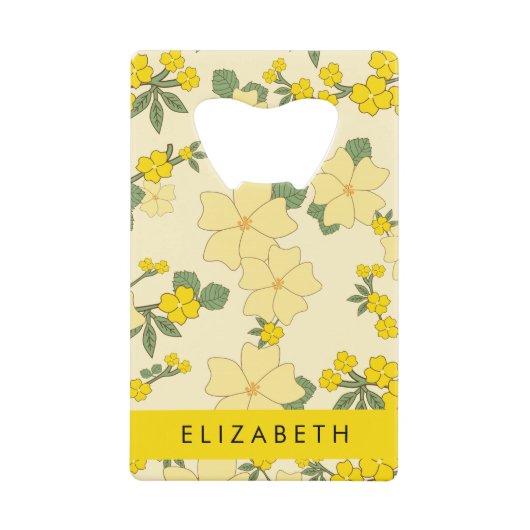 黄色の花、花のパターン、あなたの名前 クレジットカード栓抜き (正面)