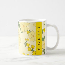 黄色の花、花のパターン、あなたの名前 コーヒーマグカップ