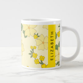 黄色の花、花のパターン、あなたの名前 ジャンボコーヒーマグカップ