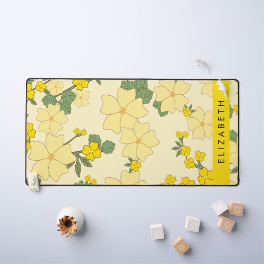 黄色の花、花のパターン、あなたの名前 デスクマット (キッズテーブル)
