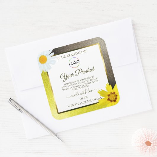 黄色の茶色のグリッター白い製品ラベルのロゴの追加 スクエアシール (封筒)