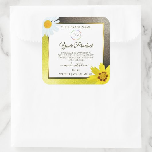 黄色の茶色のグリッター白い製品ラベルのロゴの追加 スクエアシール (バッグ)