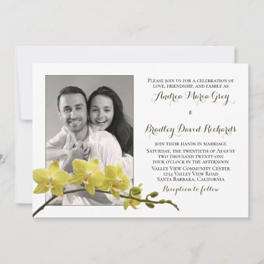 黄色の蘭の花の写真 ウェディング招待状 招待状 (正面)