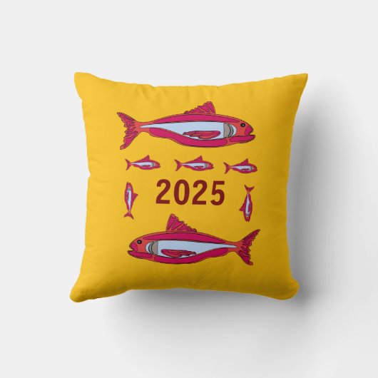 黄色の装飾用クッションと赤魚2025 クッション (裏面)