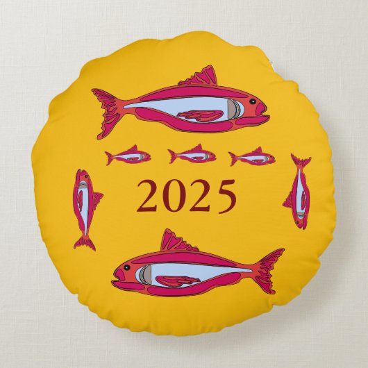 黄色の装飾用クッションと赤魚2025 ラウンドクッション (裏面)