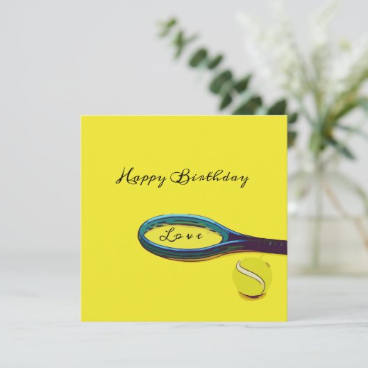 黄色の誕生日カードにテニスボールとラケット カード (スタンド正面)