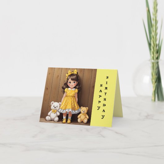 黄色の誕生日カードの小さな女の子 サンキューカード (正面)