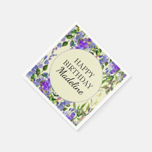 黄色の誕生日パーティーに紫の水色フローラ スタンダードカクテルナプキン (角)