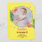 黄色の誕生日蝶招待状と写真 招待状 (正面/裏面)