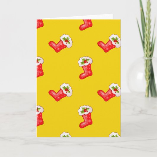 黄色の赤いクリスマスストッキング シーズンカード (正面)