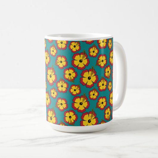 黄色の赤いハイビスカス熱帯花パターン コーヒーマグカップ (正面右)