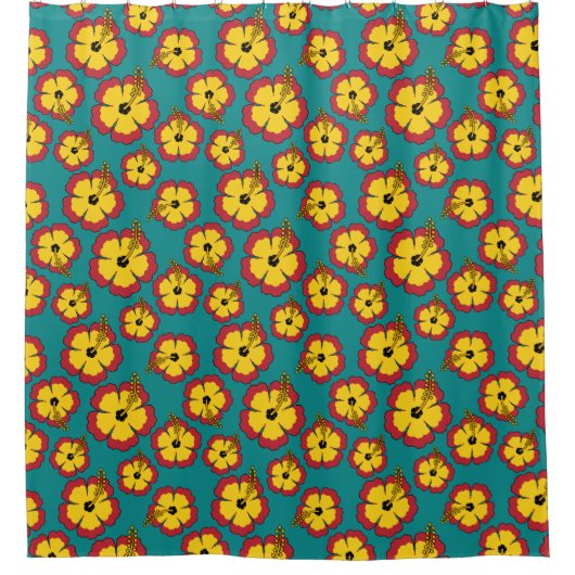 黄色の赤いハイビスカス熱帯花パターン シャワーカーテン (正面)