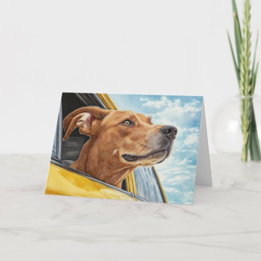 黄色の車に乗った幸せな犬のアートプリント カード (正面)