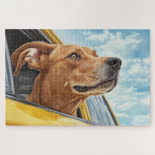 黄色の車に乗った幸せな犬のアートプリント ジグソーパズル (横)