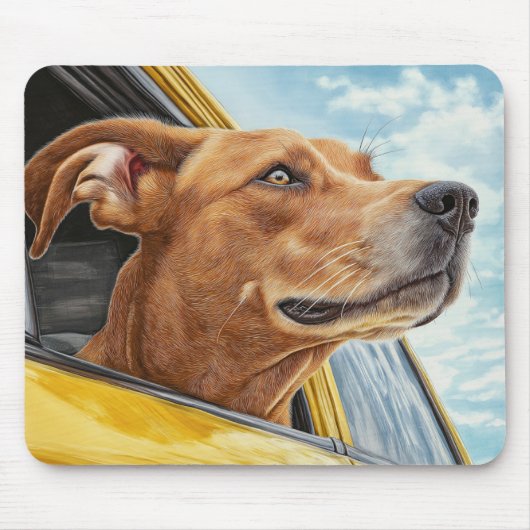 黄色の車に乗った幸せな犬のアートプリント マウスパッド (正面)