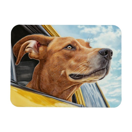 黄色の車に乗った幸せな犬のアートプリント マグネット (横)