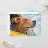 黄色の車の犬のアートプリント カード (正面/裏面インサイチュ)