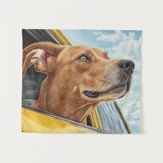 黄色の車の犬のアートプリント タペストリー (正面(横))