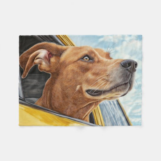 黄色の車の犬のアートプリント フリースブランケット (正面(横))