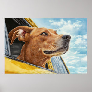 黄色の車の犬のアートプリント ポスター