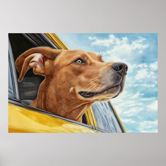 黄色の車の犬のアートプリント ポスター (正面)
