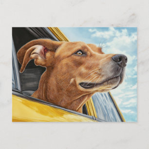 黄色の車の犬のアートプリント ポストカード