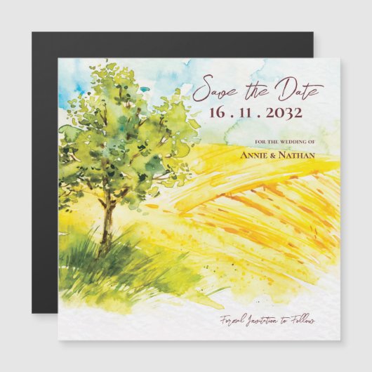 黄色の農地のランドスケープ結婚式の日付を保存 (正面/裏面)