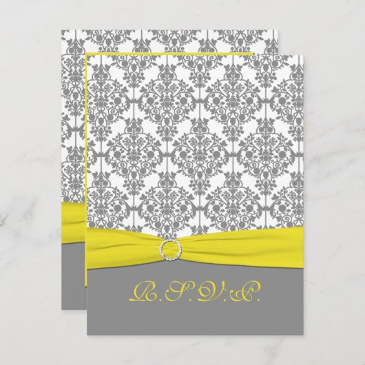 黄色の返信カード付きグレーなダマスク 出欠カード (正面/裏面)