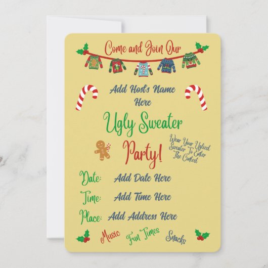 黄色の醜いクリスマスセーターパーティー 招待状 (正面)