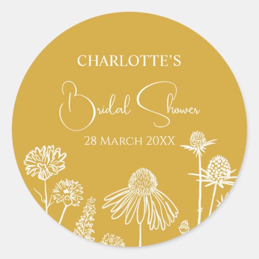 黄色の野の花のスケッチ フラワーリング ラウンドシール (正面)