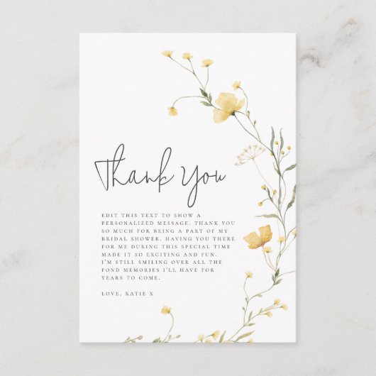 黄色の野の花 エレガント ボーホー ブライズシャワー サンキューカード (正面)