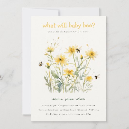 黄色の野生の花のムームに中立の性別を明かす 招待状 (正面)