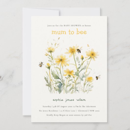 黄色の野生の花のムームビーニュートラル赤ちゃんシャワー 招待状 (正面)