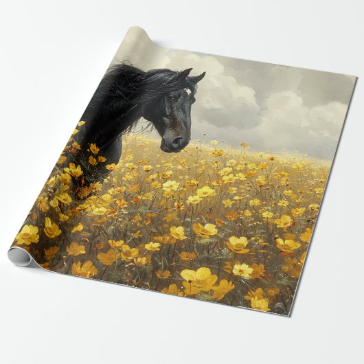 黄色の野生の花の切り離し付きの黒いスタリオン ラッピングペーパー (アンロールド)