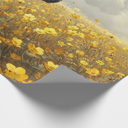 黄色の野生の花の切り離し付きの黒いスタリオン ラッピングペーパー (角)