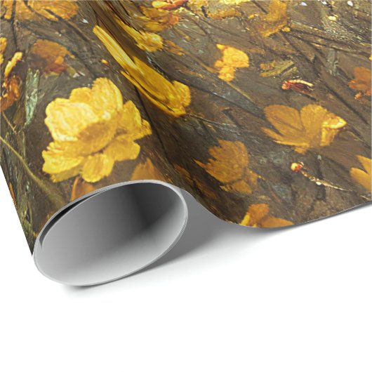 黄色の野生の花の切り離し付きの黒いスタリオン ラッピングペーパー (ロールコーナー)
