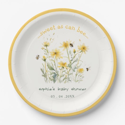 黄色の野生の花の甘いビーニュートラルベビーシャワー ペーパープレート (正面)
