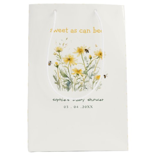 黄色の野生の花の甘いビーニュートラルベビーシャワー ミディアムペーパーバッグ (正面)