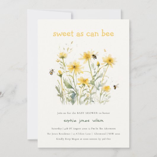 黄色の野生の花の甘い可能性として赤ちゃんシャワー 招待状 (正面)