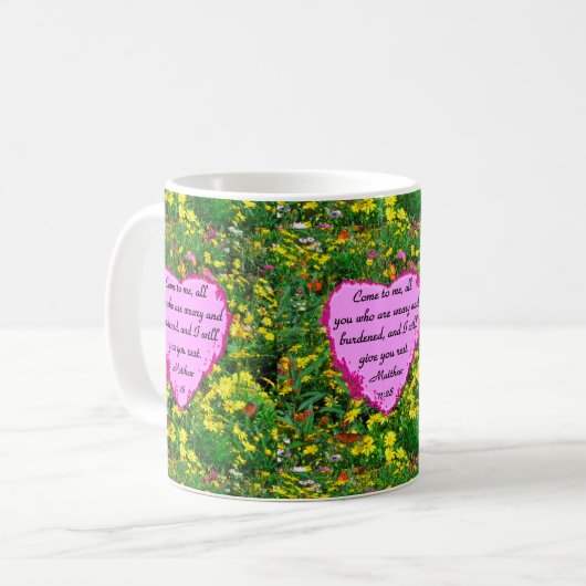 黄色の野花マタイ11:28写真デザイン コーヒーマグカップ (正面左)