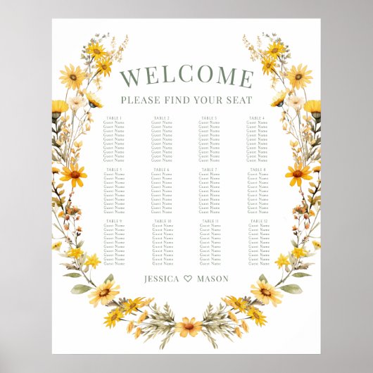 黄色の野花リース結婚の座席表 ポスター (正面)