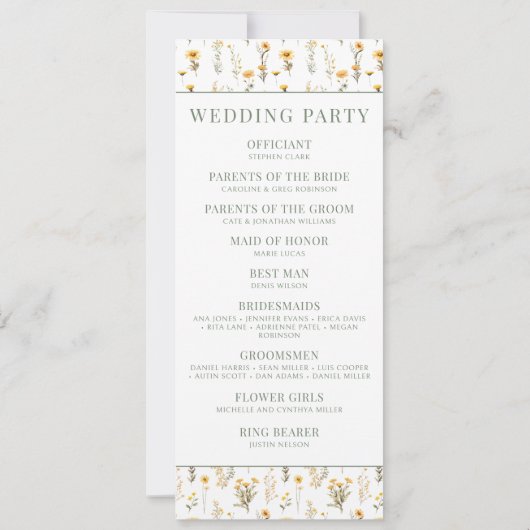 黄色の野草の素朴な結婚式のプログラムカード (裏面)